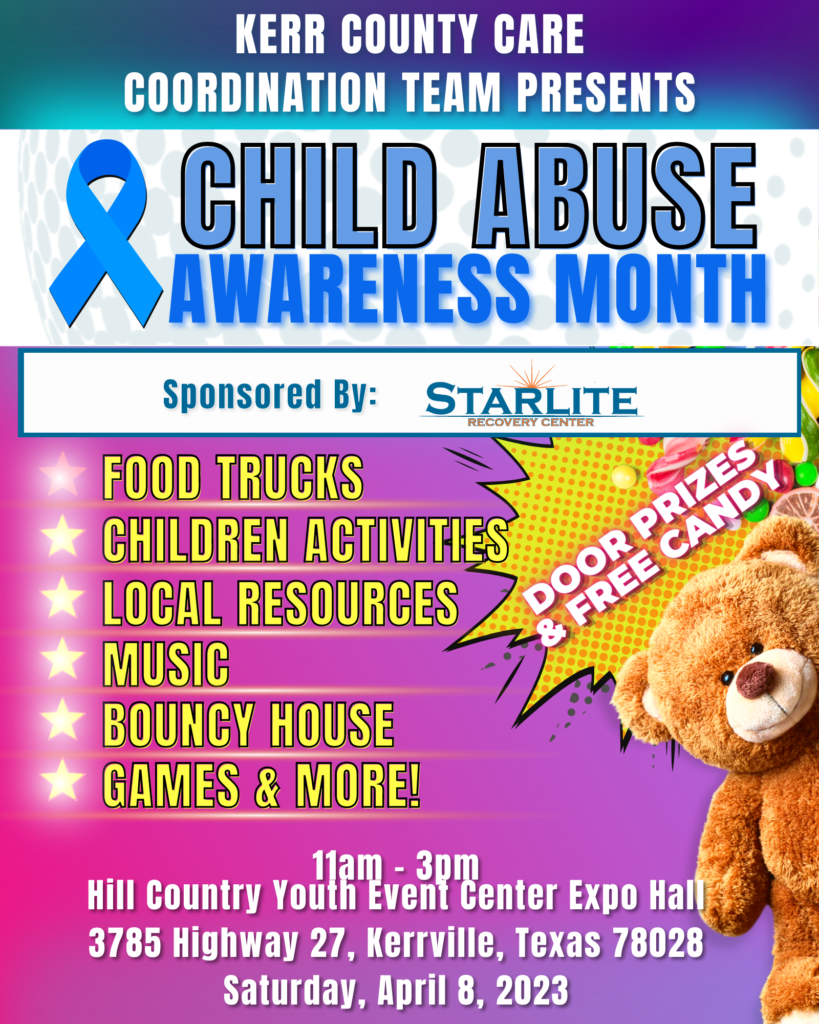kerr county care coordination team presents child abuse awareness family day sponsored by Starlite Recovery Center | events in kerrville texas | things to do in april 2023 | next to the kerrville easter fest