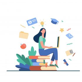 Student with laptop studying on online course. Woman sitting on stack of books and using computer. Vector illustration for internet school, knowledge, education concept